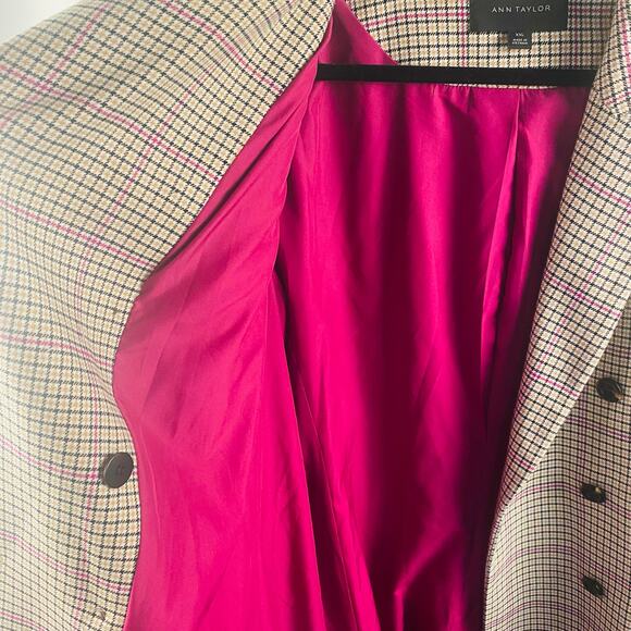 Ann Taylor Houndstooth Overcoat Jacket Cream Black Pink XXL Preppy Academia NWOT - Picture 6 of 12